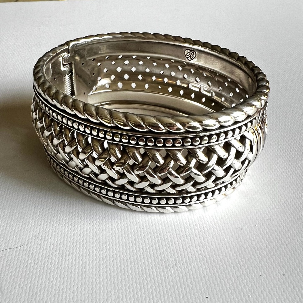 Brighton Hinged Bangle Bracelet - silver color - weaved design